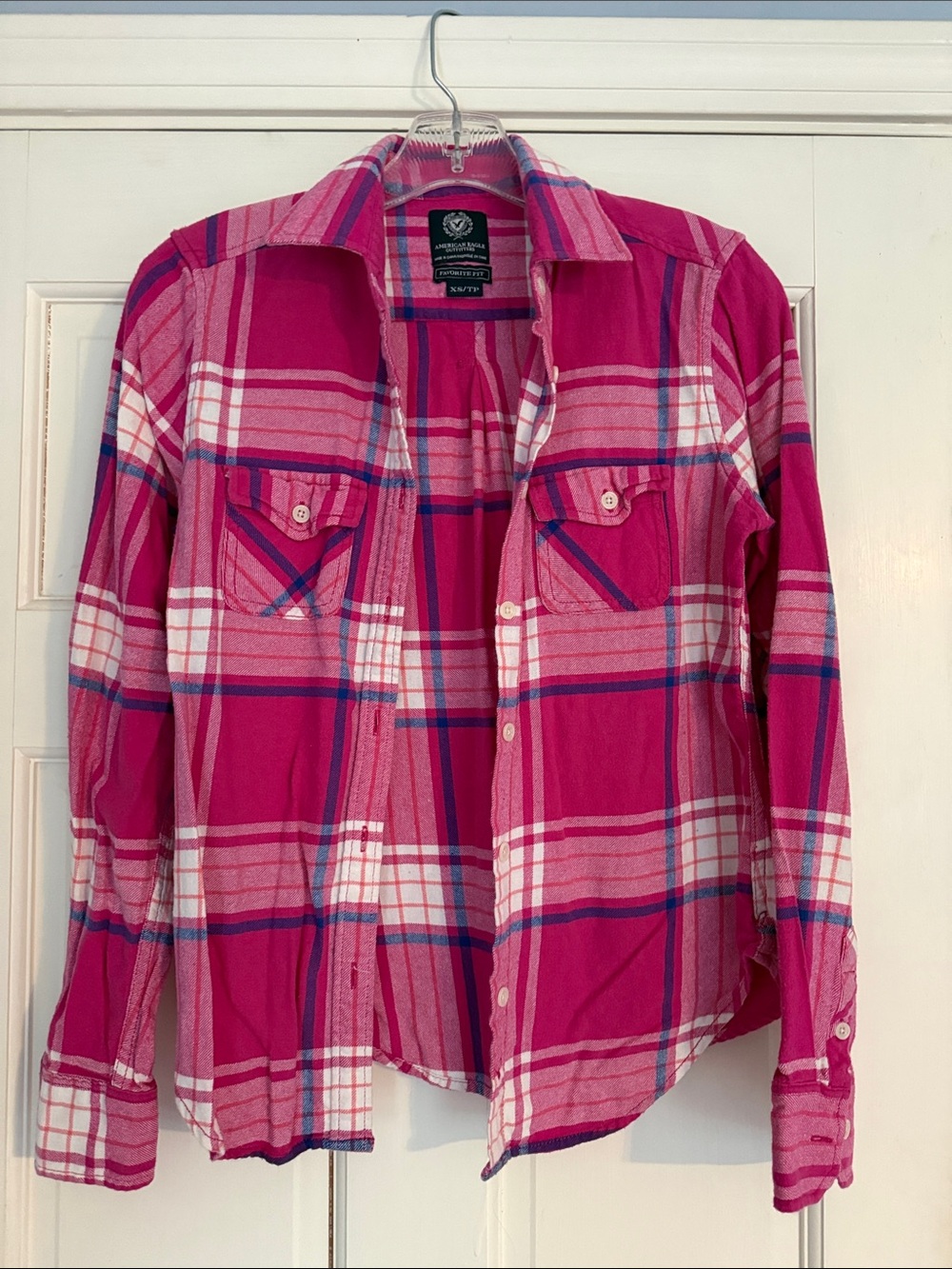American Eagle Pink Plaid Button-Up Shirt